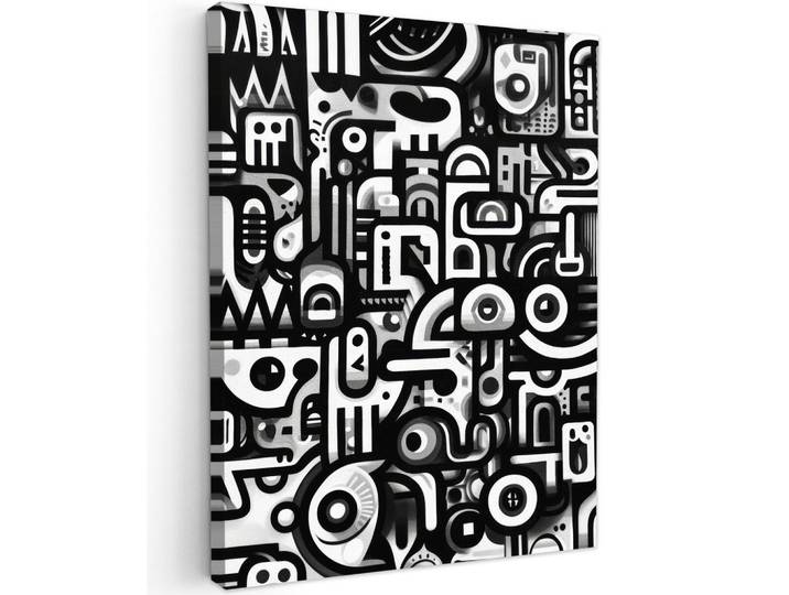 MuchoWow Leinwandbild - Symbole - Abstrakt - Grafik - Schwarz - 60x80 - Gemälde, Textil, Kiefer, Rechteckig, 60x80 cm, gerahmt, Bilder & Rahmen, Bilder, Wandbilder