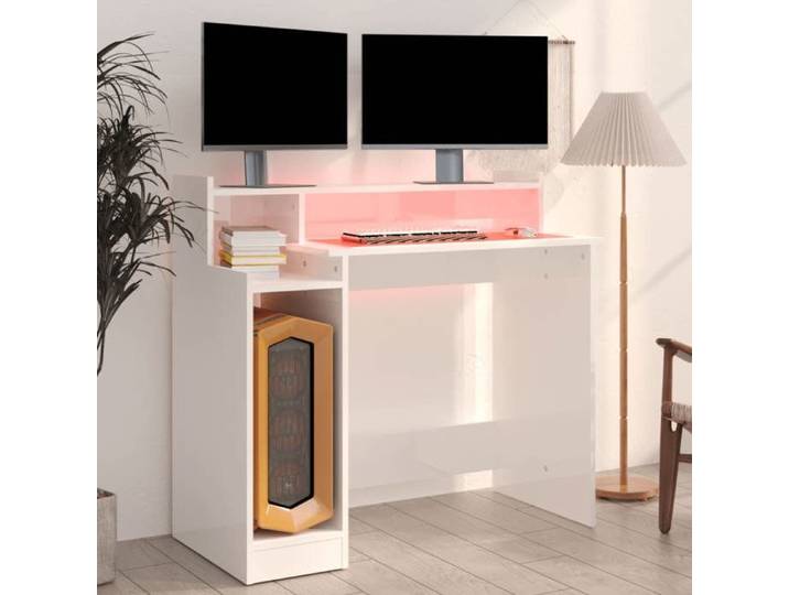 Bureau lumières LED Blanc brillant 97x90x45cm Bois d'ingénierie_2 ans garantie_76699