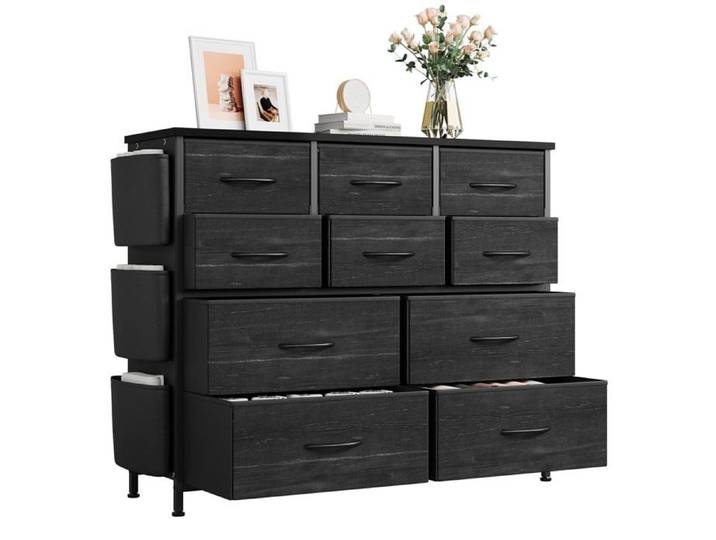 Commode à tiroirs - LUNSY - 10 tiroirs - Gris foncé - 99x30x89 cm - Structure métallique - Plateau en bois