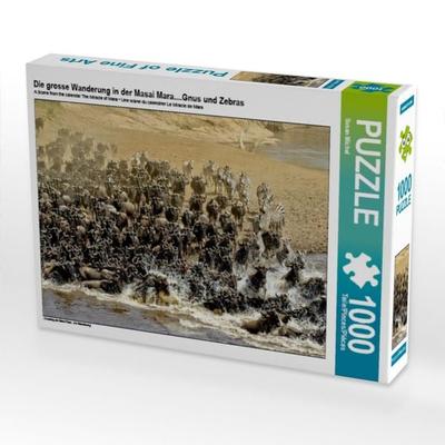 CALVENDO Puzzle Die grosse Wanderung in der Masai Mara....Gnus und Zebras | 1000 Teile Lege-Größe 64x48cm Foto-Puzzle für glückliche Stunden