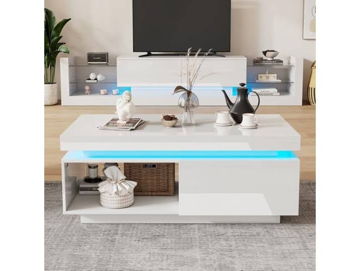 Fiednoy Weißes Hochglanz TV-Schrank-Set TV-lowboard 181cm Für 80 Zoll, Couchtisch 100cm, Wohnzimmer-Wand-Set, Stauraum, Pflegeleicht