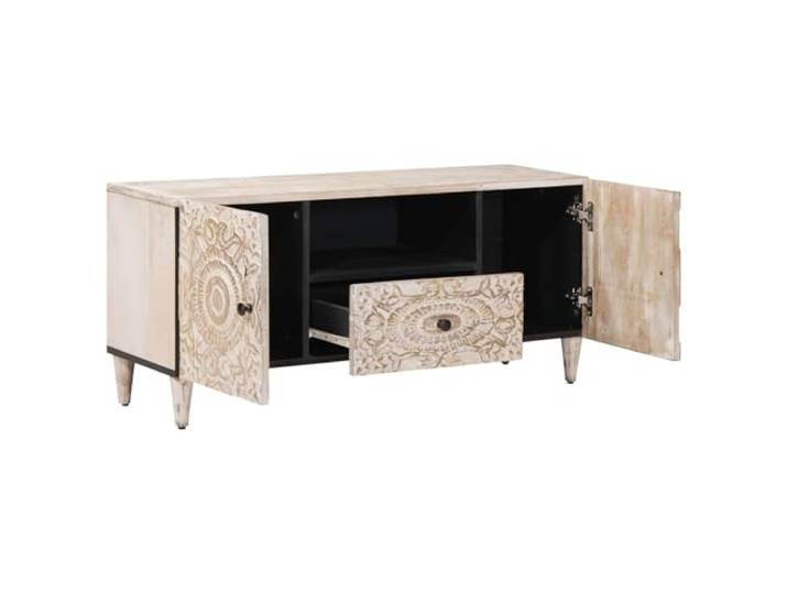 HKQWPBF TV-Schrank Weiß 105 x 33,5 x 46 cm Massivholz Mango Modernes Design, rechteckige Form, geräumiges Fach, Medienzentrum, Stauraum, einfache Reinigung