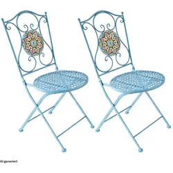 HTI-Living, Gartentisch + Balkontisch, Bistro Sitzgruppe Metall blau Tisch mit 2 Stühlen Balkon Set Gartenmöbel Mosaik