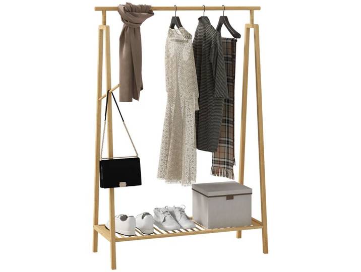 Montage simple portant vêtements en bambou avec barre et étagère à chaussures porte-manteau bois sur pied
