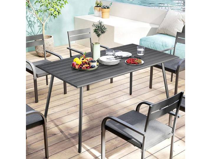 Table de jardin - 150x80x74 cm - Acier anti-corrosion - Plateau à lattes anti-eau - 6 places
