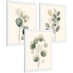 POSTER 3er Bilder-Set Wandbilder Pflanzen Minimalistisch modern Wohnzimmer Deko, Schlafzimmer, Küche, Badezimmer Weißer Rahmen A3