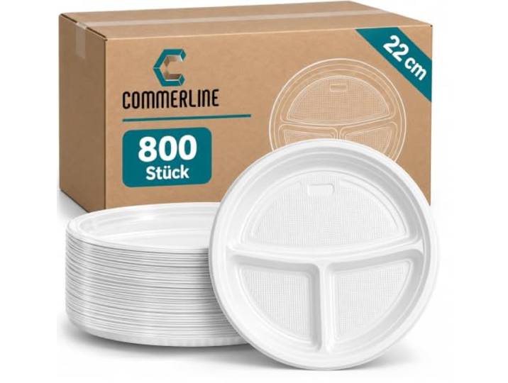 Commerline Plastikteller, 800 Stück, Kunststoffteller, Plastikgeschirr 22 cm, 3-geteilt, Partyteller, Partygeschirr Mehrweg, große Servierfläche, robust, Grill, Buffet, Catering & Camping