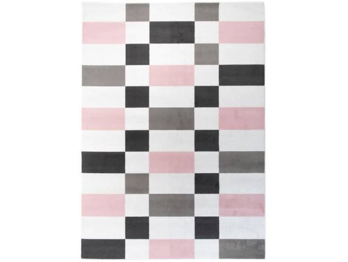 TAPISO Tapis Chambre Enfant Poils Ras Pinky Rose Noir Géométrique Polypropylène Intérieur 180x250 cm
