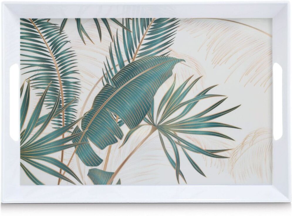 Tablett ZELLER PRESENT "Melamintablett "Palm leaves", dekor, B:34,8cm H:4,7cm L:50cm, Melamin, Tabletts, Tablett, tropisches Motiv, Tragegriffe, 34,8x50 cm dekor B/L: 34,8cm x 50cm
