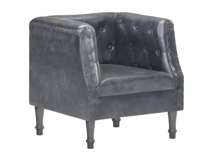 Fauteuil - BEL - Cuir véritable - Gris - Bois massif de manguier - 1 place