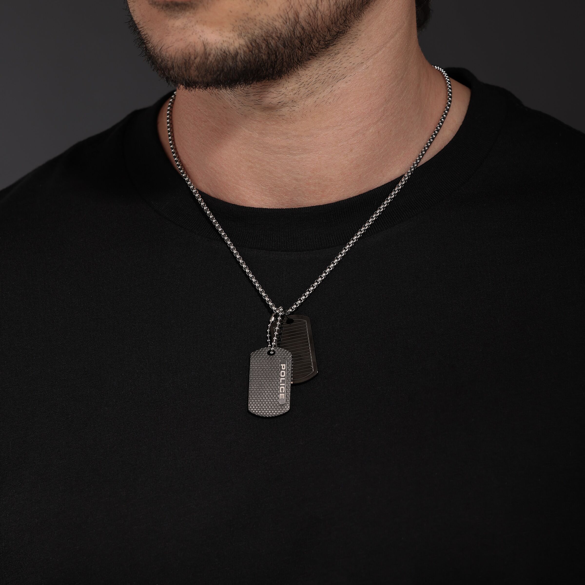 Kette mit Anhänger POLICE "Duet Dog Tag", schwarz (schwarz, edelstahlfarben), Halsketten, Herren, Edelstahl, L: 55 B: 2,5mm, B:2,5mm