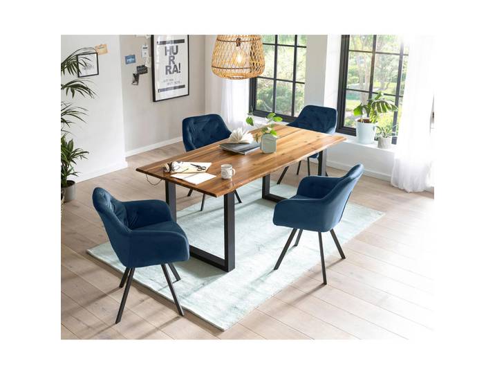 Mid.you Tischgruppe, Blau, Cognac, Holz, Metall, Akazie, massiv, rechteckig, Flachrohr, 85x77x160 cm, Esszimmer, Tische, Esstische