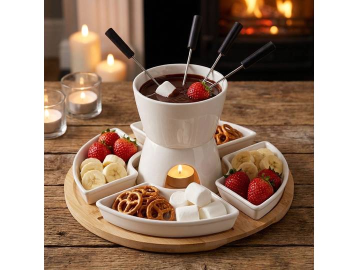 Schokoladen-Fondue-Set 11-teilig mit Bambustablett, Schalen & Gabeln