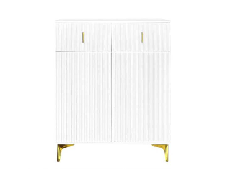 Élégant buffet/meuble à chaussures avec panneaux texturés étagères réglables et décorations dorées avec tiroirs.