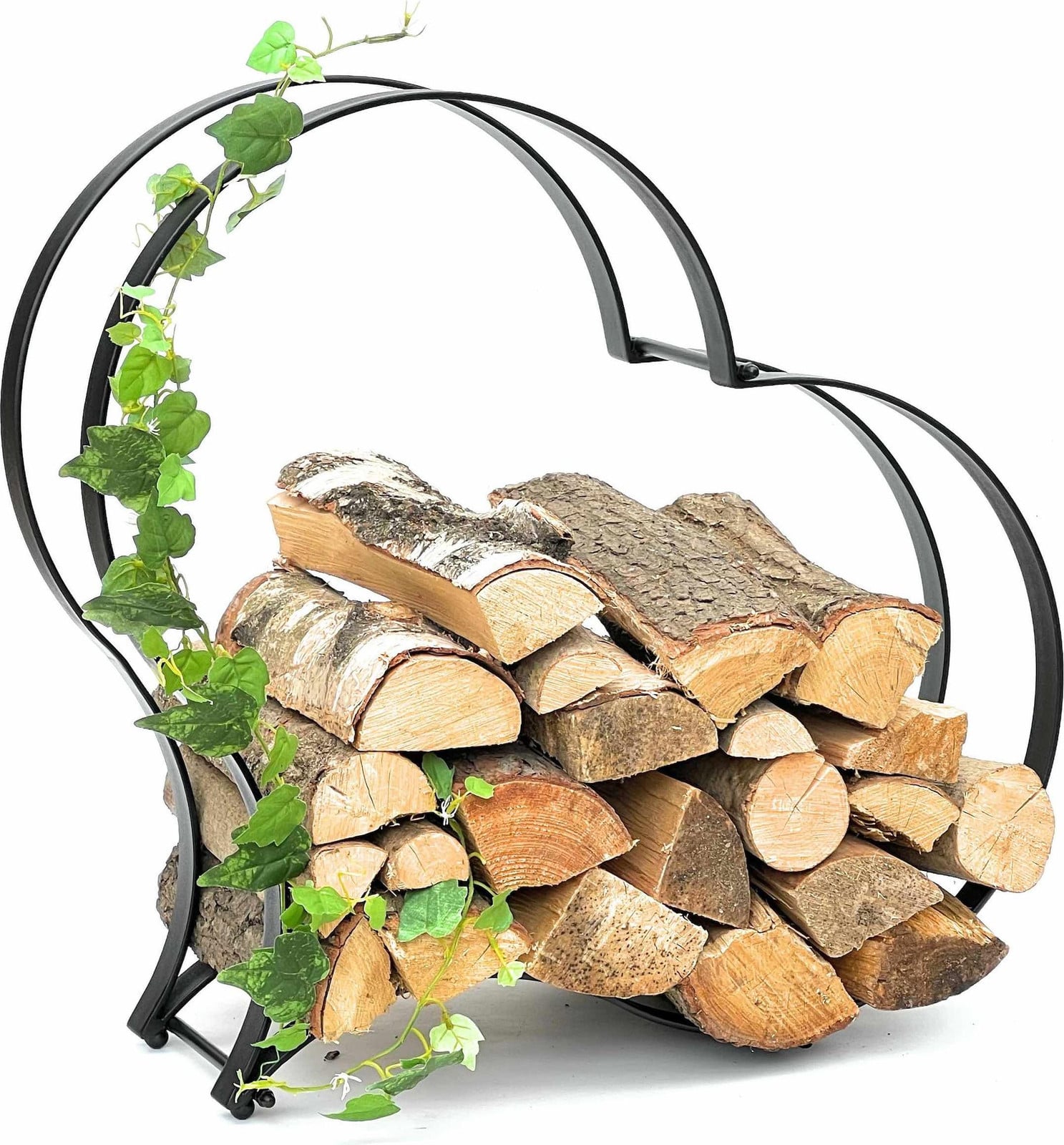 DanDiBo Hartvormig Houtrek voor Haardhout, Zwart met Houten Mand, Model 96322
