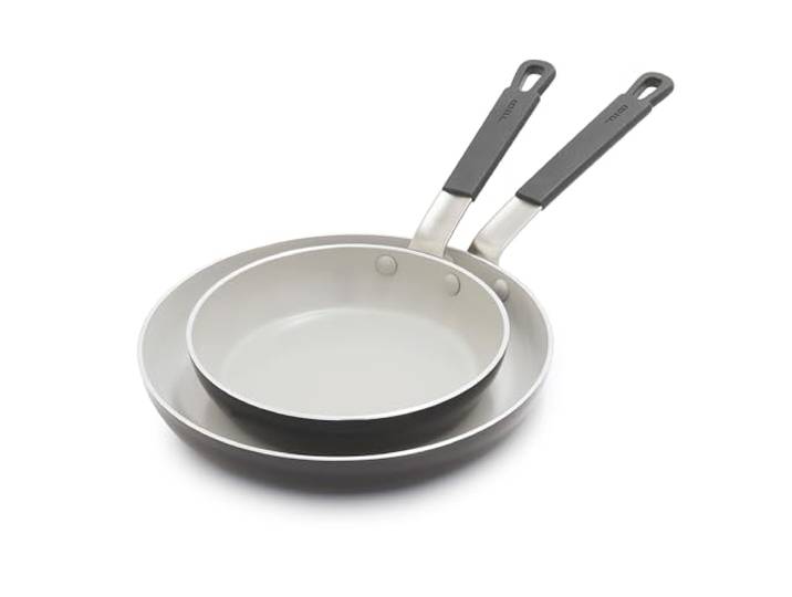 GreenPan x Bobby Flay Bratpfannen-Set, 20,3 cm und 25,4 cm, PFAS- und PFOA-freie Keramik-Antihaftbeschichtung, induktionsgeeignet, kühlbleibender Silikongriff, spülmaschinen- und ofenfest, Grau