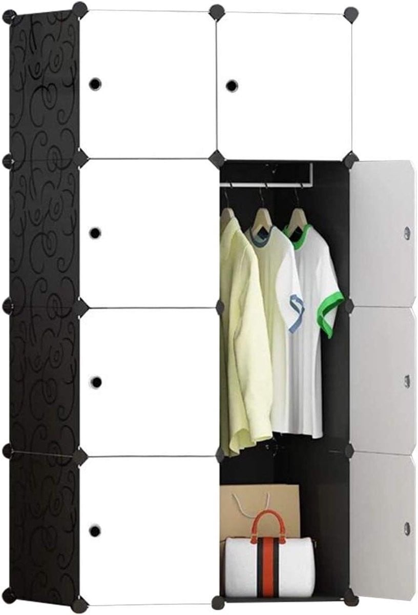 Modulaire Draagbare Kledingkast met 8 Extra Diepe Kubussen - Wit Zwart