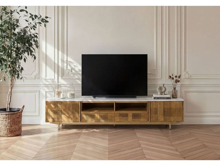 TV-Board Mango 220x40x50 hellbraun geölt / Marmor weiß MIAMI #106