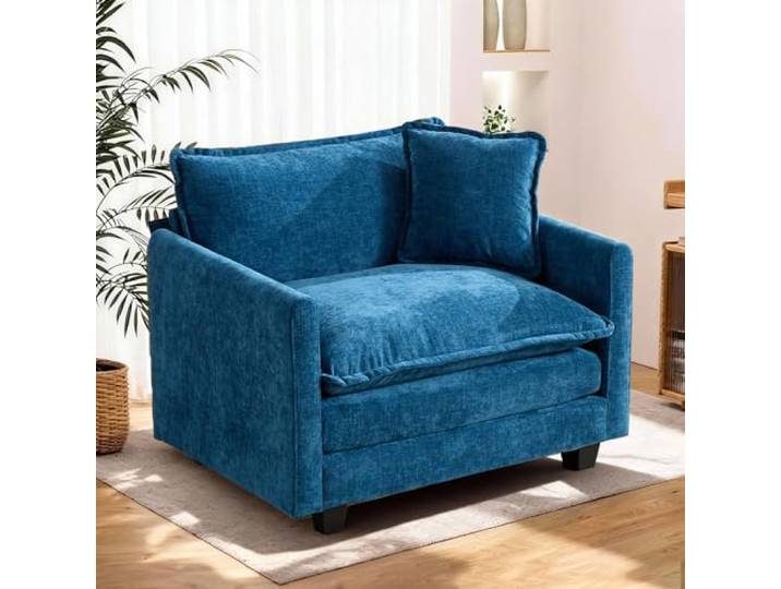 SoarFlash Blauer Chenille-Sessel mit Doppelkissen und Armlehnen Tejido suave, resistente y transpirable, con cojines y brazos. Ideal salón, dormitorio y apartamento.