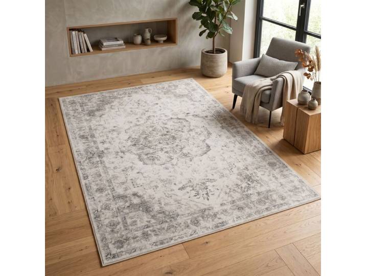 Carpetsale24 Tapis Lavable Beige 140x200 cm Salon Chambre Chambre Amis Vintage Design Oriental Poils Courts Lavable en Machine