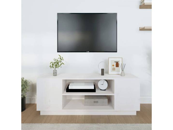 CHIC Blanc Meuble TV Moderne - ZENCORE - MEUBLE DE SEJOUR - Cabinet TV - Blanc 110x35x40 5cm - Bois de pin massif 6234