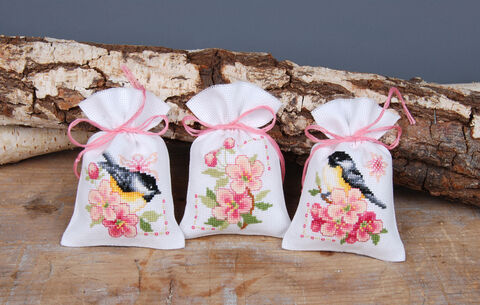 Geschenksäckchen "Kohlmeise & Kirschblüte", 3er-Set