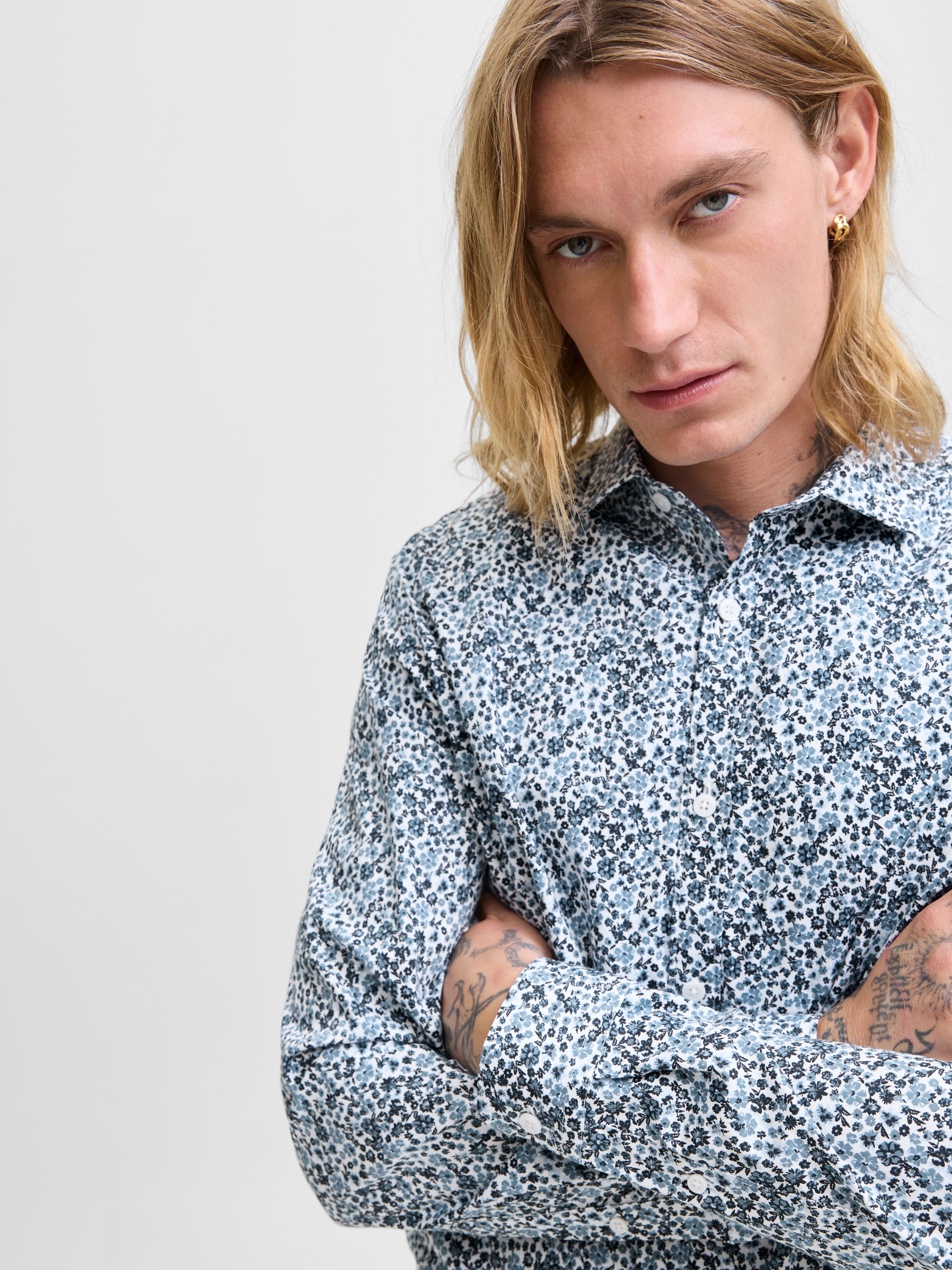 Langarmhemd JACK & JONES "JPRBLABLACKPOOL STRETCH AOP LS SHIRT SN", Herren, Gr. XS, N-Gr, blau (goblin blau), Web, Obermaterial: 96% Baumwolle, 4% Elasthan, gemustert, slim fit, Hemden Langarmhemd goblin blau XS, N-Gr