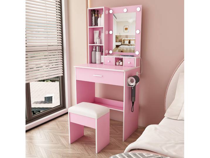 Coiffeuse 60x38x131\,5 Cm En Mdf Rose\, Avec Rangement Et Led Pour Chambre Floragrace