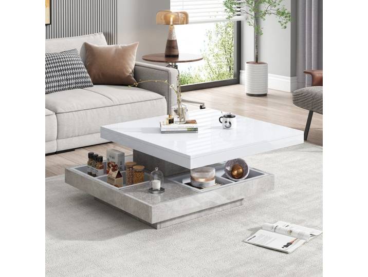 Table basse - Pivotante 360° - Double plateau - Blanc brillant - Base effet marbre