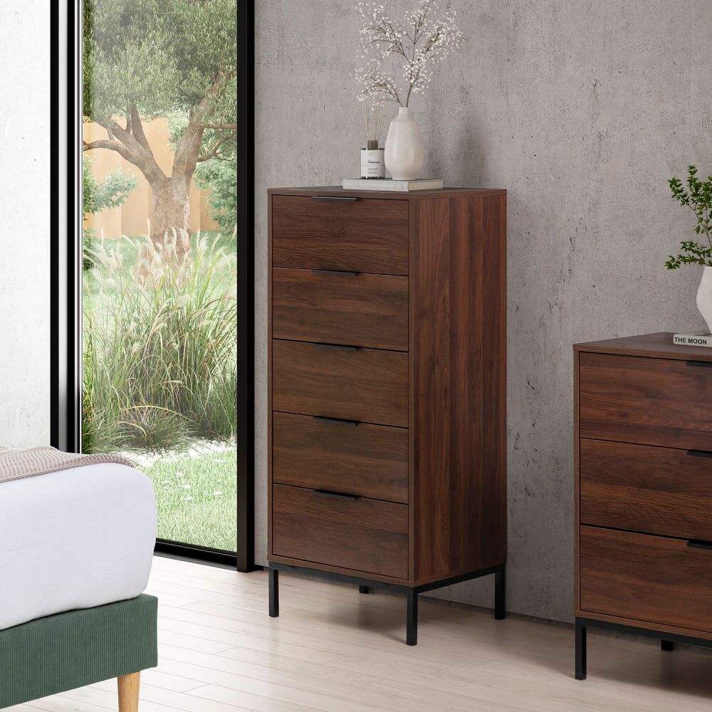HOMN Commode haute 5 tiroirs couleur Noyer Marron 50x115x40cm