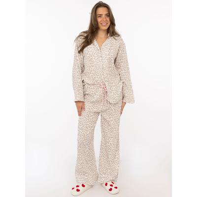 Pyjama ZWILLINGSHERZ "Classic Leo", Damen, Gr. L/XL, beige, Web, Obermaterial: 100% Viskose, gemustert, bequem lang, V-Ausschnitt, Homewear-Sets Pyjama, Leo-Muster, Oberteil mit Knöpfen, Hose mit elastischem Bund