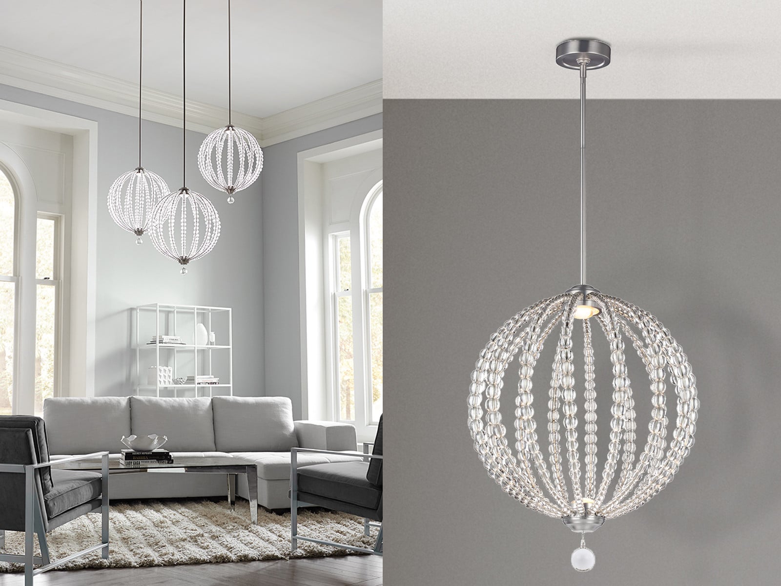 Elstead Lighting Oberlin LED hanglamp, 2-lichts, satijnnikkel