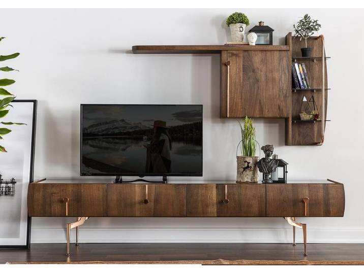 Xlmoebel Wohnwand Braunes Holzregal mit niedrigem Design für Fernseher und Dekoration, (2-St., TV-Schrank, Regale), Hergestellt in Europa