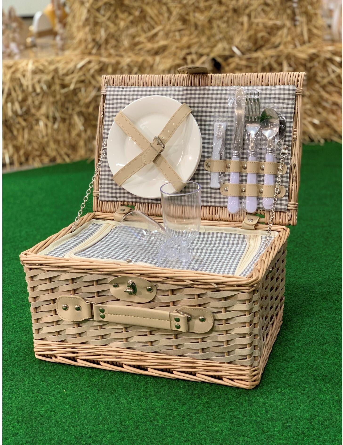 Picknickkorb "Dameco für 2 Personen", beige (nature), B:38cm H:26cm T:20cm, Aufbewahrungsboxen, Picknickkorb nature 13 Stk., B/H/T: 38cm x 26cm x 20cm