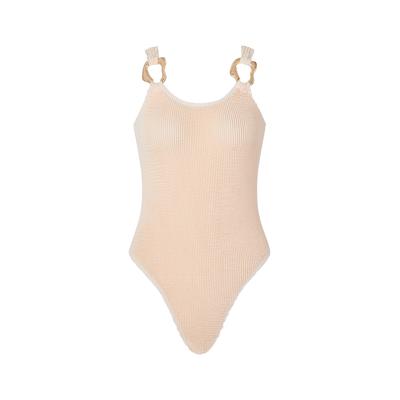 Badeanzug MODA MINX "SCRUNCH", Damen, Gr. M, beige (weiß), 97% Polyamid, 3% Elasthan, unifarben, Badeanzüge Badeanzug, mit tollen Schmuck-Elementen