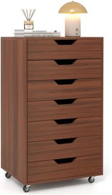 Costway 7-Drawer Chest Wooden Storage Dresser with Lockable Wheels-Walnut
