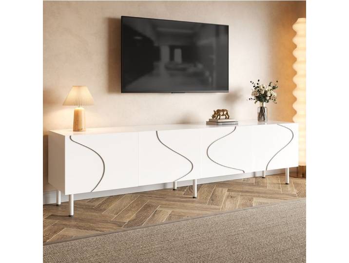 ROVRYN meuble TV 170 cm 4 portes push-to-open sans poignées PB MDF blanc