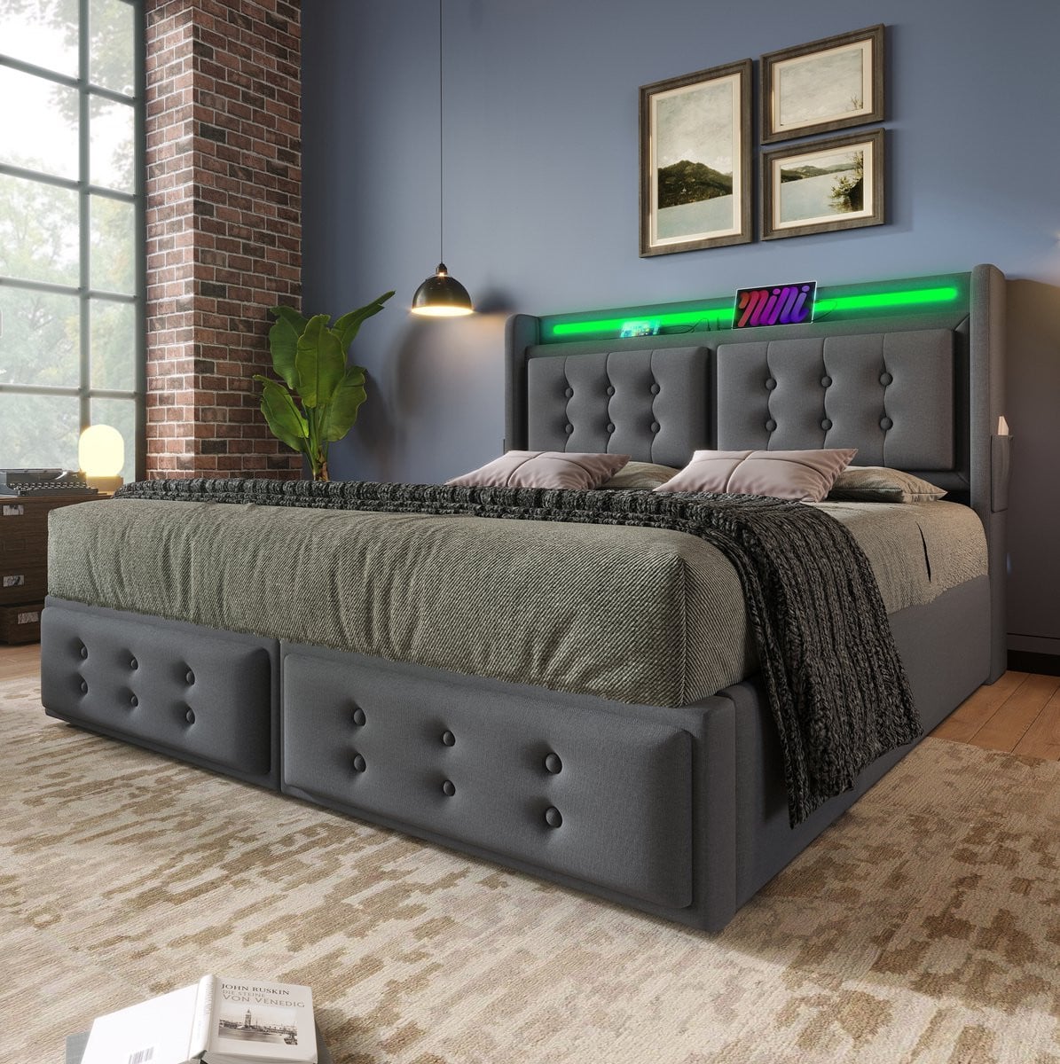 WUVRIE Tweepersoons opbergbed met LED-verlichting, USB-C laadfunctie en nachtkastjes, grijs, 180 x 200 cm