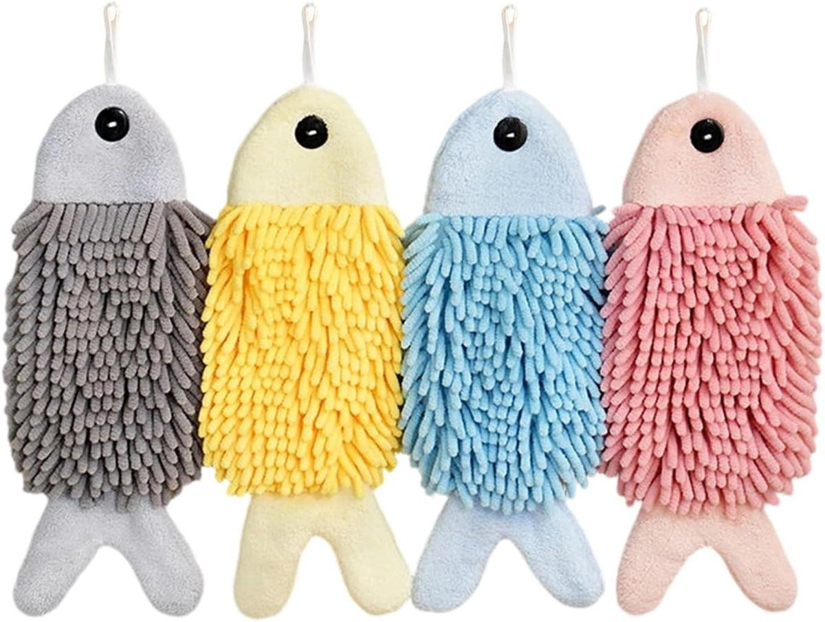 Set van 4 sneldrogende chenille microvezel handdoeken in visvorm - Pastelkleuren