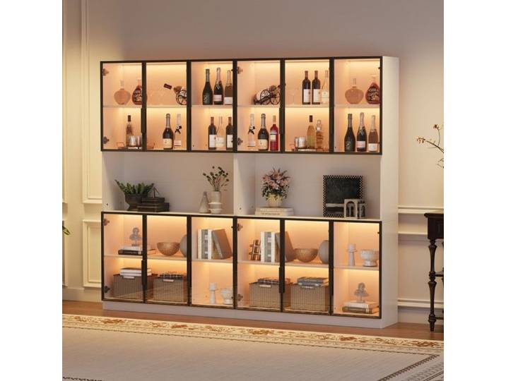 Vitrine 240x34x200 cm 12 portes autoportante rangement ouvert LED armoire haute salon blanc multifonction