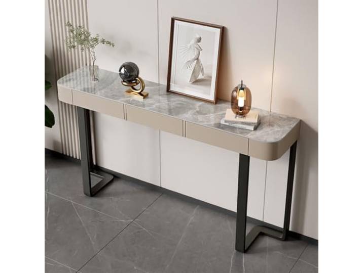 Weiwehome Moderner Konsolentisch mit Sinterstein-Platte, schmaler Flurtisch Sinterstein-Oberfläche, Kratzfest, Stabiler Stahlrahmen, Modernes Design(Gray,63.0in)