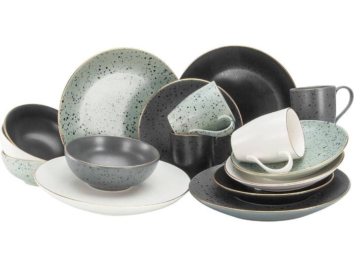 16-delig Servies Set Steenkleur met Gouden Rand - Vaatwasserbestendig
