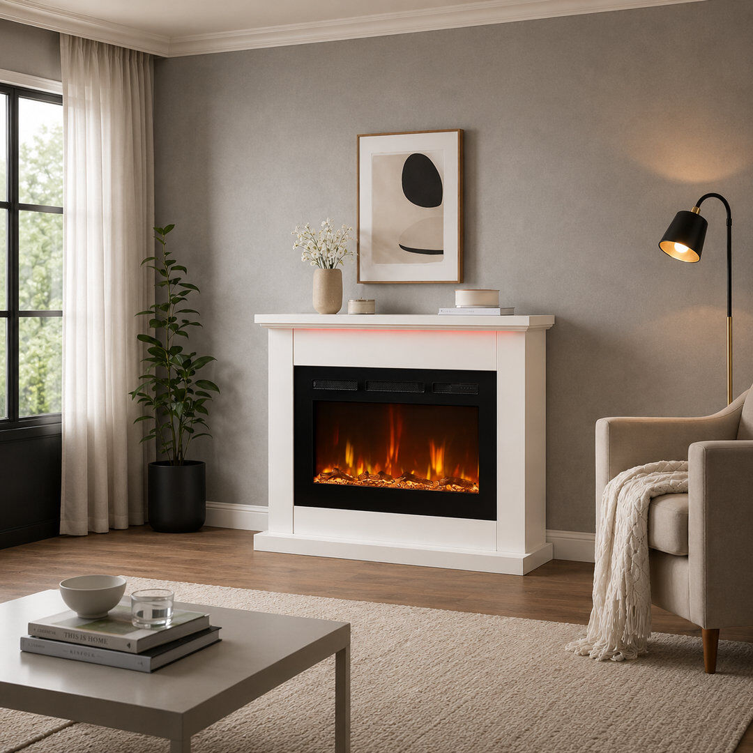 FLAMEKO 45" Electric Fire and Surround, Freestanding Suite, Albury White White 114.5cm H X 19.6cm W X 83.5cm D