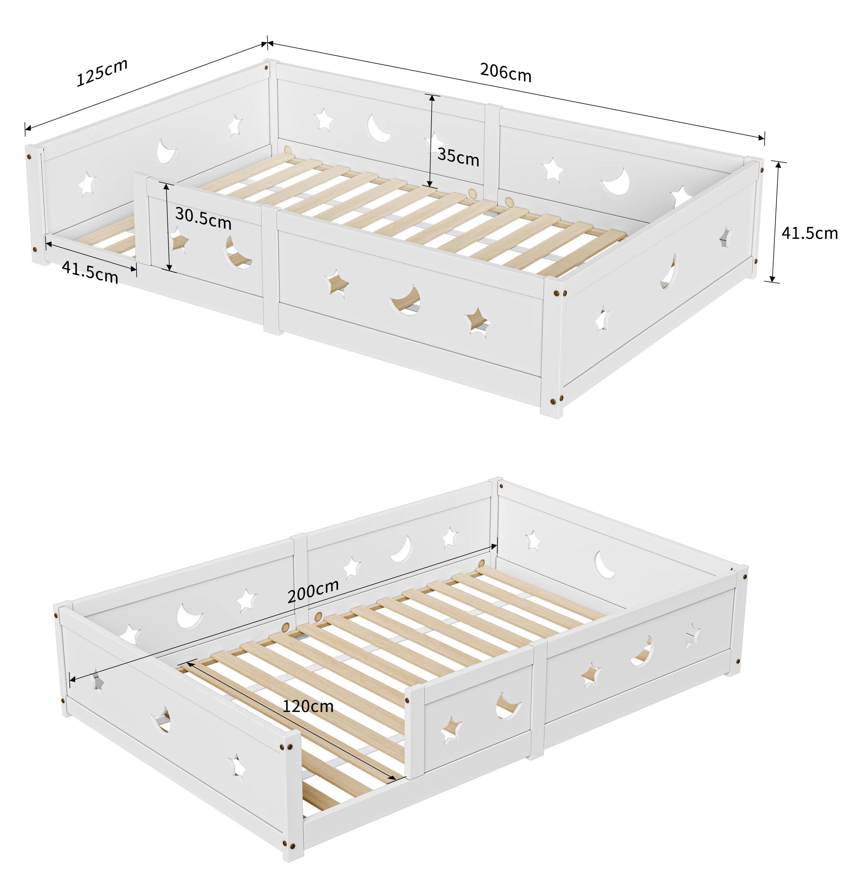 Kinderbett - Montessori Bodenbett Hausbett 120 x 200 cm - Rausfallschutz - Lattenrost - Massivholz - Ohne Matratze - Weiß