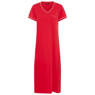 Nachthemd H.I.S, Damen, Gr. 40/42, N-Gr, rot, Single Jersey, Obermaterial: 60% Baumwolle, 40% Polyester, unifarben, Basic, figurbetont wadenlang, V-Ausschnitt, paspeliert kontrastfarben, Kleider Nachthemd, mit Paspelkanten in Kontrastfarbe
