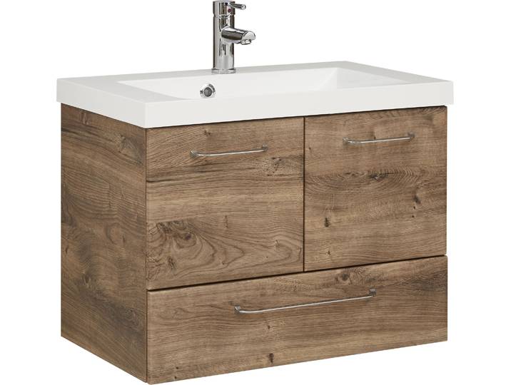 Waschtisch SAPHIR Quickset Mineralmarmor-Waschtisch mit Unterschrank, 74 cm breit , braun (eiche ribbeck, eiche ribbeck, eiche ribbeck), B:74cm H:56cm T:45cm, Holzwerkstoff, Mineralguss, Waschtische, Waschtisch, Wachplatz, Griffe Chrom Glanz, inkl. Türdämpfer, 2 Türen, 1 Schublade
