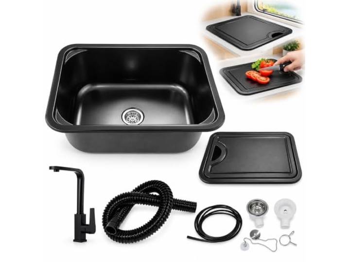 Wohnmobilspüle mit Abnehmbarem Deckel, Edelstahl Camper Spüle Mit Ablaufschlauch und Ablaufset, für Campervan, Wohnmobil, Wohnwagen und Boot