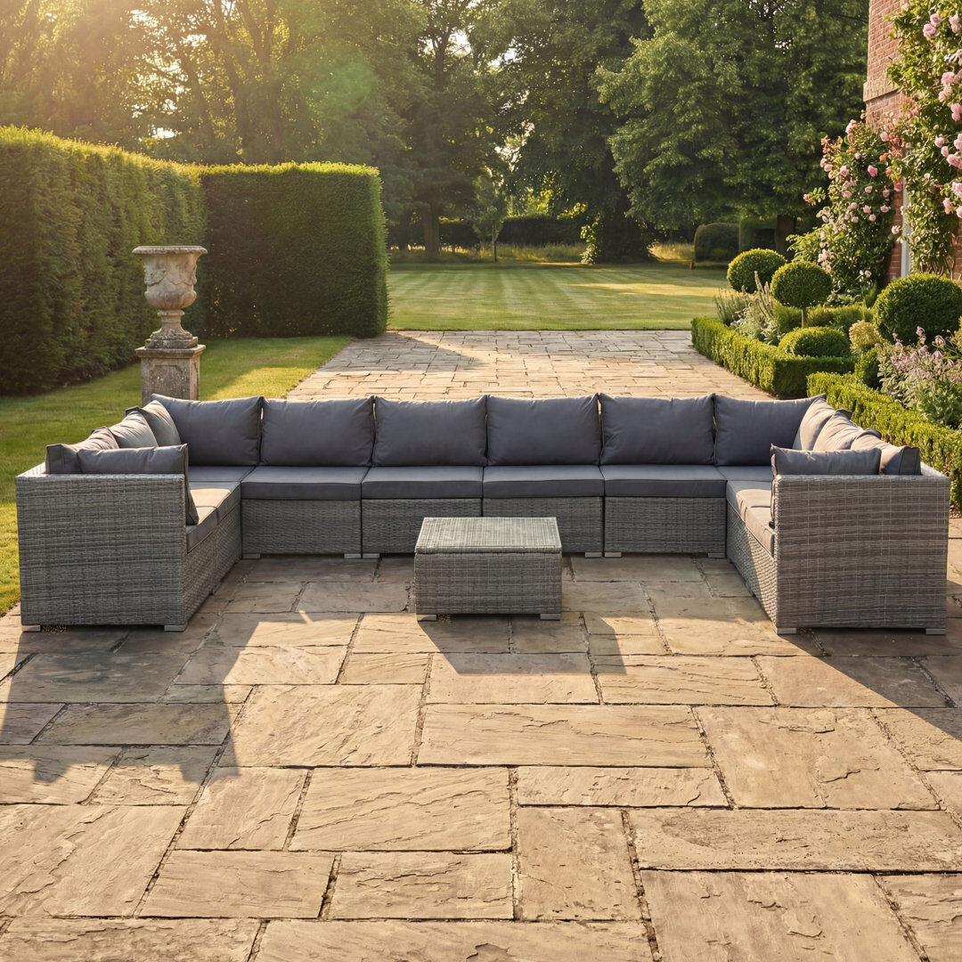 17 Stories Taraf 392cm Wide U-Shaped Wicker Patio Sectional Set Grey 10