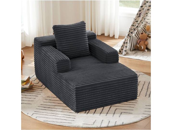 Chaiselongue 1 place convertible sans montage avec dossier et accoudoirs en corduroy gris foncé