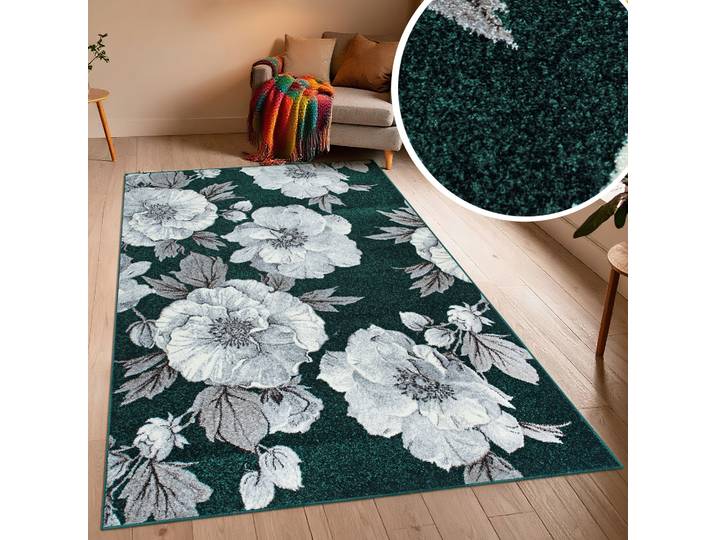 Teppich GOODPRODUCT Florent, Blumen Design, Vintage , grün, B:80cm H:9mm L:150cm, Kunstfaser, Teppiche, Teppich, Floral, detailreiche Blüten, Botanical, elegant, Wohnzimmer